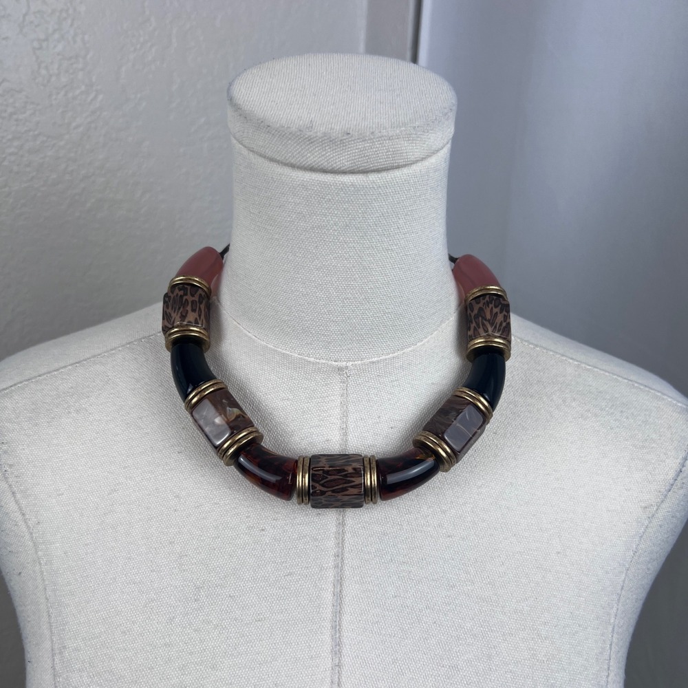 Y2K Chunky Bead Necklace Womens OS Brown Leopard Print Resin Statement Boho